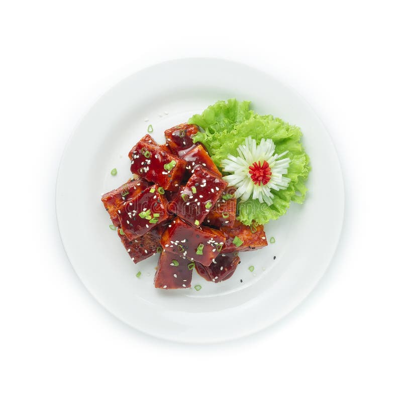Korean Fried Tofu Deep Fried Mixed in Kochujung Sauce Stock Photo