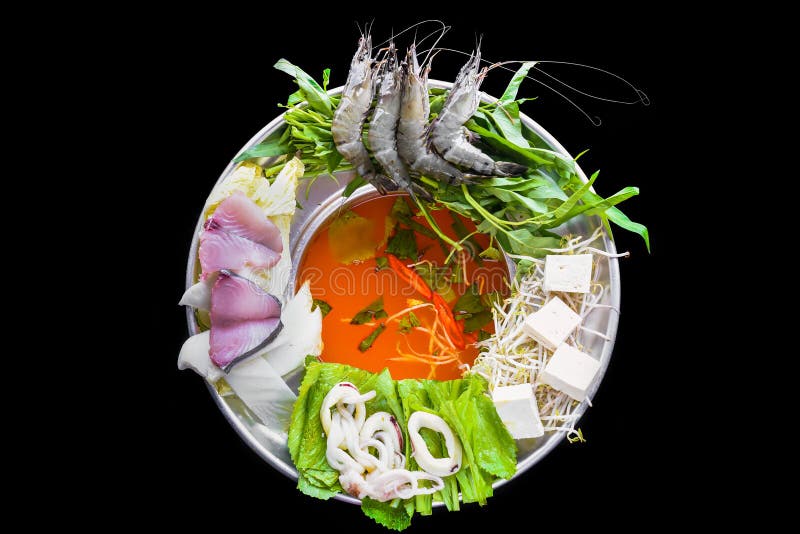 Korean Hot Pot with Raw Seafood on Black Background Stock Image Image