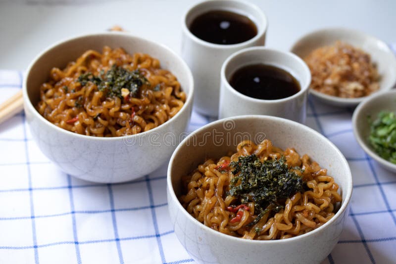 Korean Hot and Spicy Instant Noodle and Seaweed Stock Photo Image of