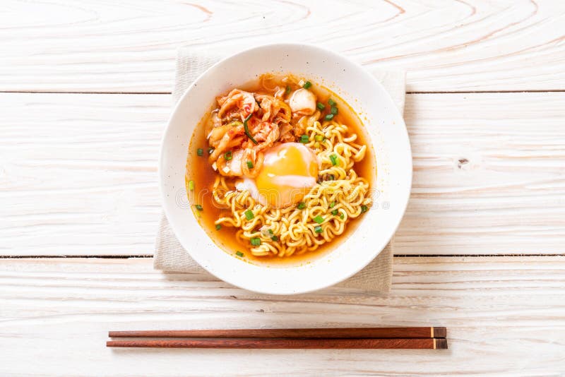 Korean Instant Noodles with Kimchi and Egg Stock Photo Image of