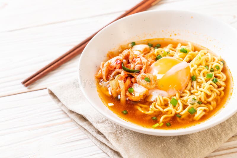 Korean Instant Noodles with Kimchi and Egg Stock Image Image of