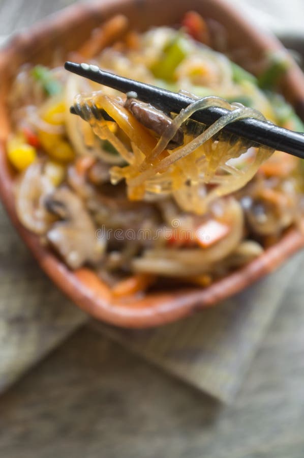 Korean Japchae Stir Fried Noodles Stock Photo - Image of onion, pasta