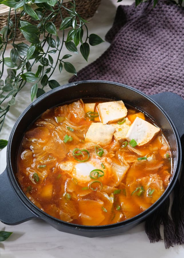 Korean Spicy Silken Tofu Stew Which is Called Sundubu Jjigae. Stock