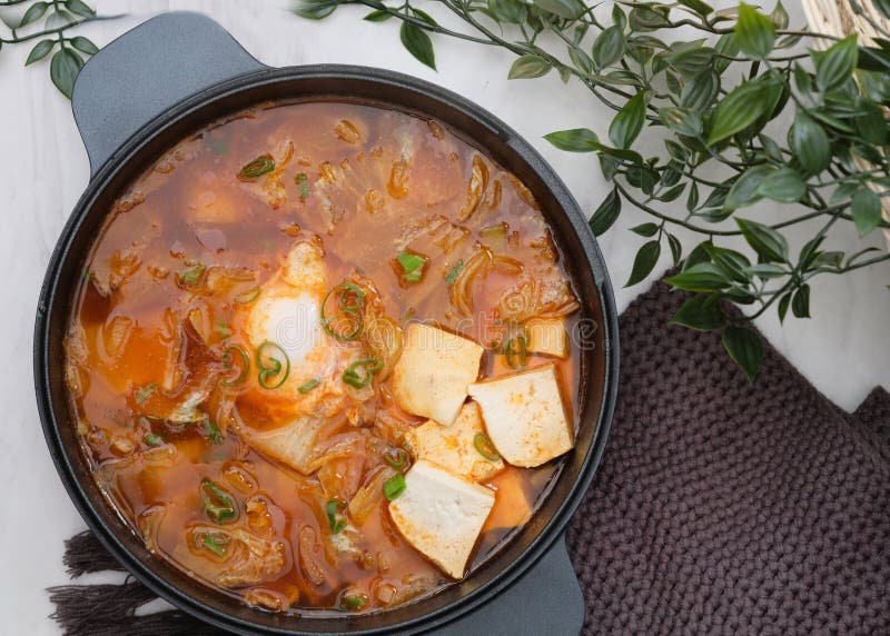 Korean Spicy Silken Tofu Stew Which is Called Sundubu Jjigae. Stock