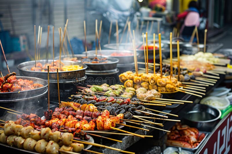 Korean Street Food Variety on Skewers, Vibrant Market. Asian Fast Food