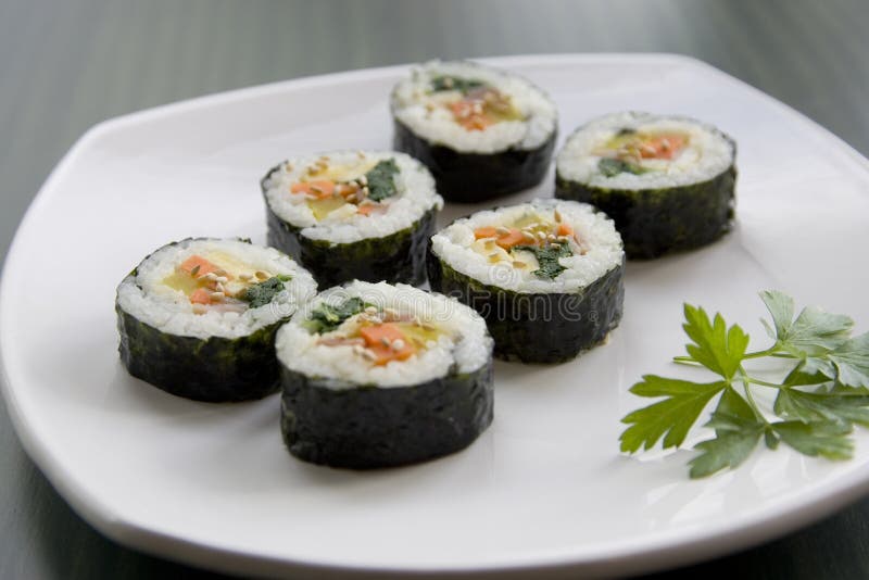 Korean Sushi and a Parsley Leaf. Stock Image Image of leaf, meat