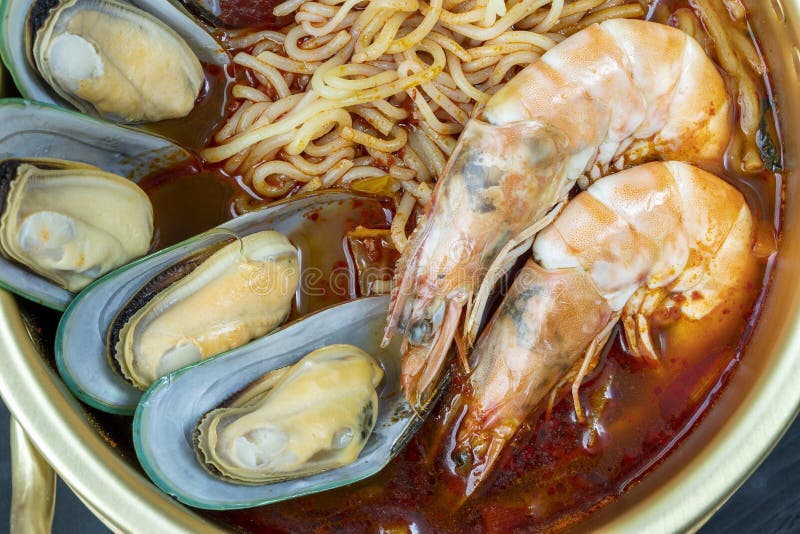 Korean Traditional Noodle, Jjamppong Spicy Seafood Noodle Soup, Korean