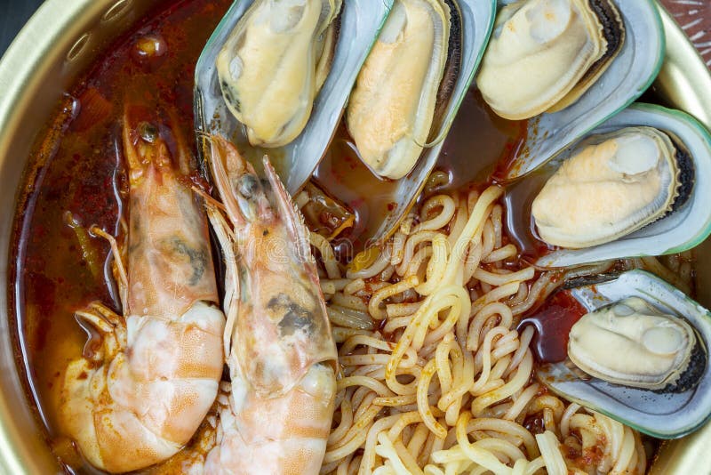 Korean Traditional Noodle, Jjamppong Spicy Seafood Noodle Soup, Korean