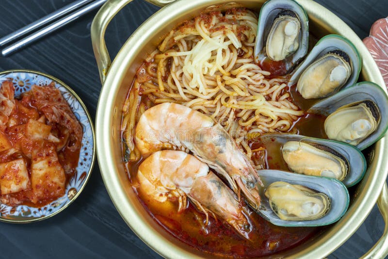 Korean Traditional Noodle, Jjamppong Spicy Seafood Noodle Soup, Korean