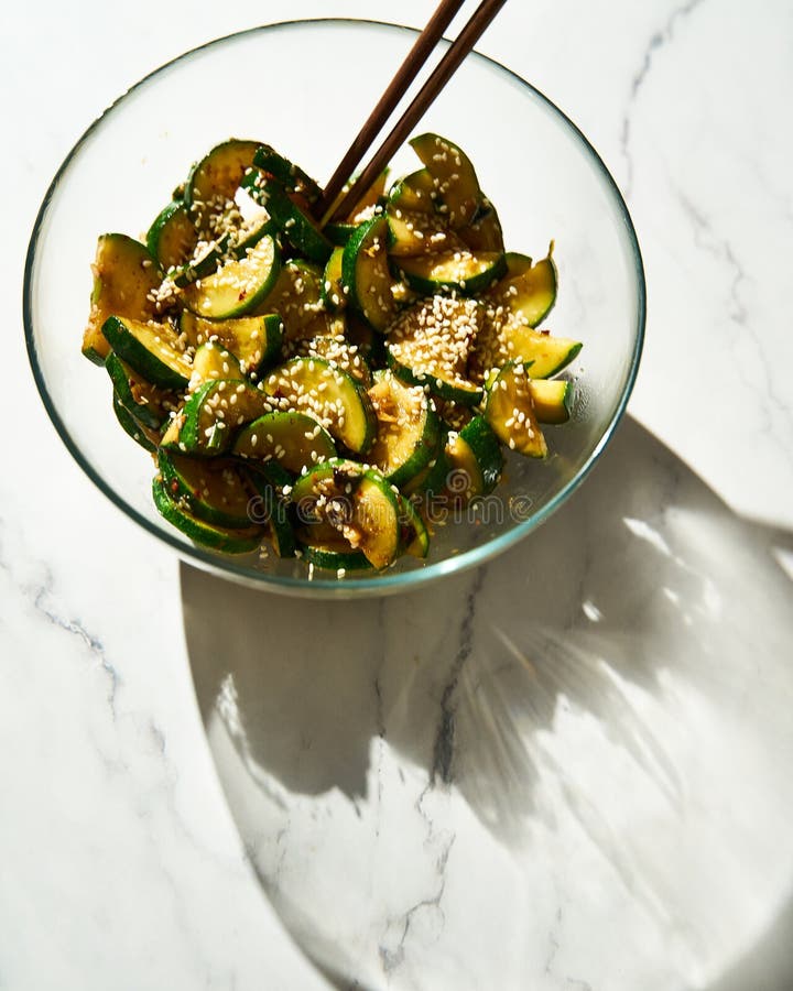 Korean zucchini salad. Stir fried zucchini with garlic and chilli. Sauce are made from fish sauce with sugar and chilli stock images Korean zucchini salad. Stir fried zucchini with garlic and chilli. Sauce are made from fish sauce with sugar and chilli stock images
