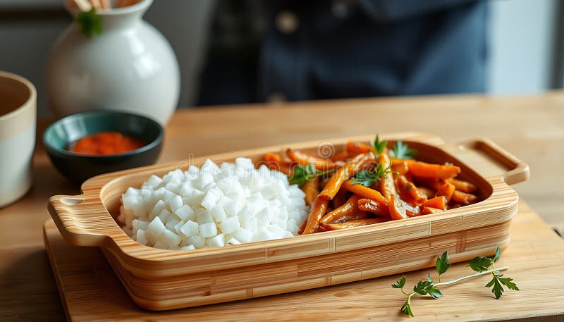 Koreanisches Gericht scharfe Hühnchen asiatische Küche Fotografie koreanische Küche Generative KI stock abbildung