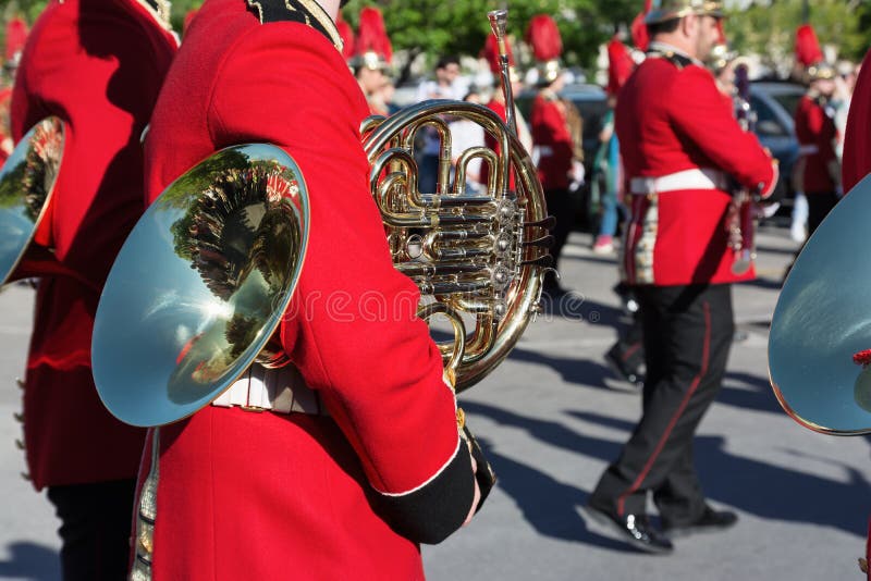 CORFU, GREECE - APRIL 30, 2016: Philharmonic musicians playing in Corfu Easter holiday celebrations. Corfu has a great tradition in music, with 18 philharmonic bands playing a major role on the island`s music education and culture. CORFU, GREECE - APRIL 30, 2016: Philharmonic musicians playing in Corfu Easter holiday celebrations. Corfu has a great tradition in music, with 18 philharmonic bands playing a major role on the island`s music education and culture.