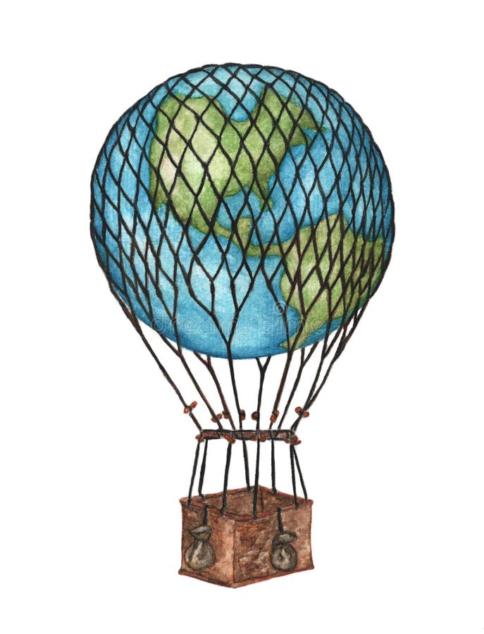 Korg för ballong för varm luft för jordklot på vit bakgrund, vattenfärgillustration vektor illustrationer Korg för ballong för varm luft för jordklot på vit bakgrund, vattenfärgillustration vektor illustrationer