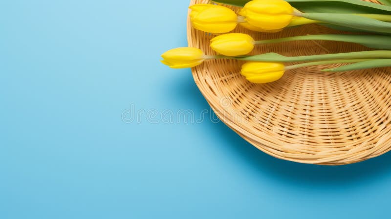 close-up Basket with blue tulips on a minimalist yellow background no text, no inscriptions, no advertising, --ar 16:9 --quality 0.5 --stylize 0 --v 5.2 Job ID: b584077c-d703-40db-909e-44ca604d04e6 AI generated. close-up Basket with blue tulips on a minimalist yellow background no text, no inscriptions, no advertising, --ar 16:9 --quality 0.5 --stylize 0 --v 5.2 Job ID: b584077c-d703-40db-909e-44ca604d04e6 AI generated