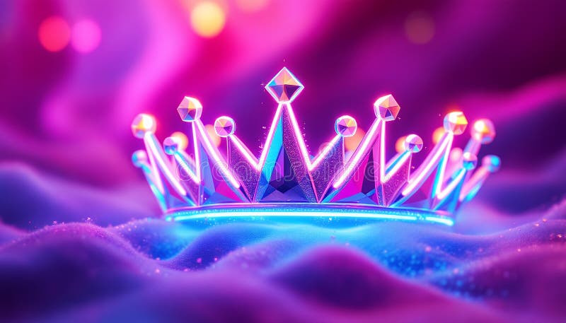 Korona neonowa : Symbol królewskiego i osiągnięć świecący żywymi kolorami na ciemnym, marzonym tle ilustracji