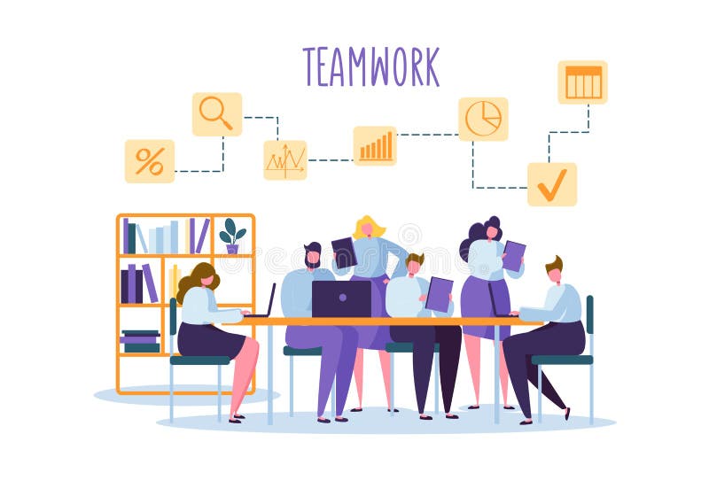 Korporacyjnego biznesu drużyny ludzie Za biurkiem Płascy charakterów urzędnicy Pracy zespołowej pojęcie Coworking przestrzeń