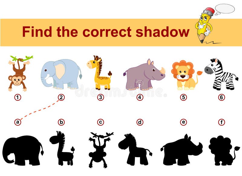 Korrekt skugga f? r fynd Lurar den bildande leken afrikanska djur Lejon, elefant, giraff, apa, sebra och nosh stock illustrationer