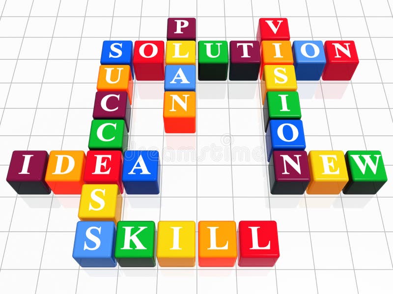 3d color boxes like crossword - solution, success; plan; idea; vision; new; skill. 3d color boxes like crossword - solution, success; plan; idea; vision; new; skill