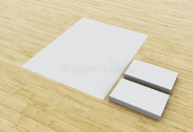 Kort för affär 3d och tomma notepads på trätabellen. Illustration 3d Affärskort och tomma notepads på trätabellen Modell för att brännmärka identitet