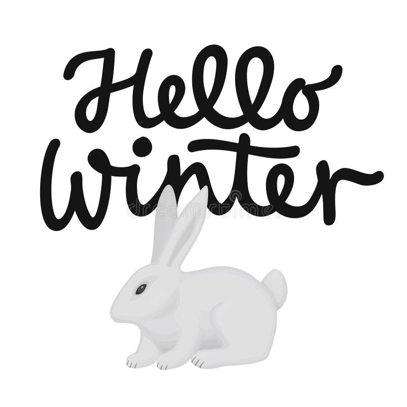 Kort för Hello vinterferie med en utdragen bokstäver för hand med en gullig vit kanin royaltyfri illustrationer