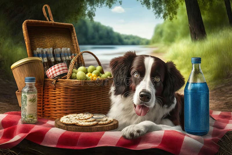 Kort för hundvänliga picknicker med glad hund. ai royaltyfri illustrationer
