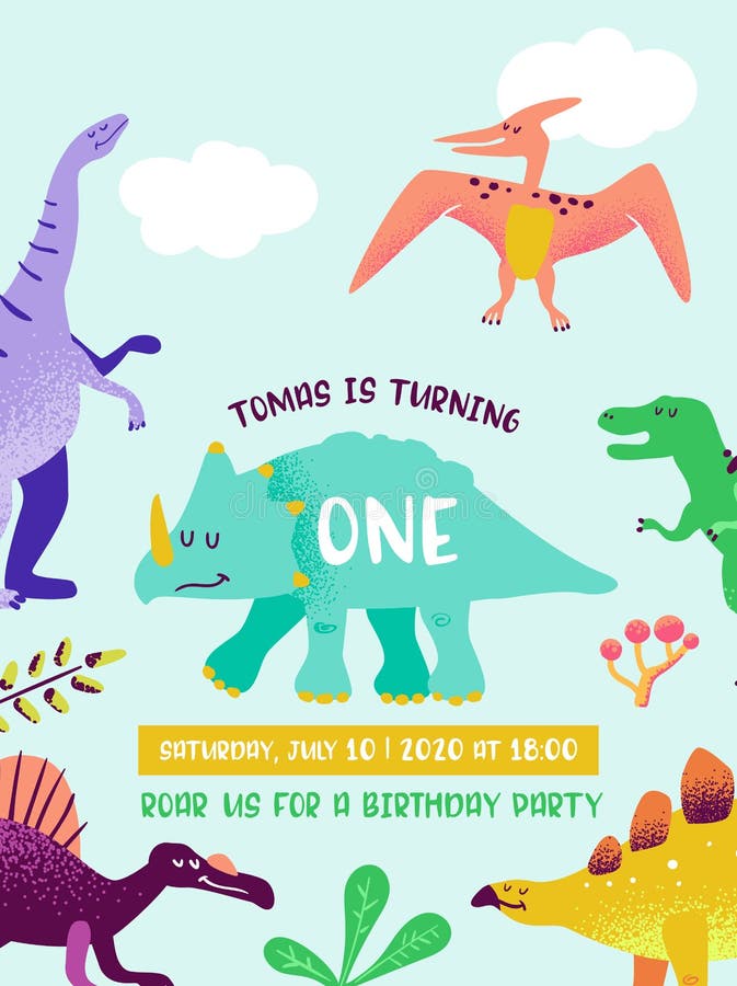 Kort för lycklig födelsedag med den roliga dinosaurien, Dino ankomstmeddelande, hälsningsillustration stock illustrationer Kort för lycklig födelsedag med den roliga dinosaurien, Dino ankomstmeddelande, hälsningsillustration stock illustrationer