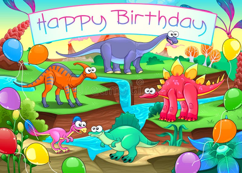 Kort för lycklig födelsedag med roliga dinosaurier royaltyfri illustrationer Kort för lycklig födelsedag med roliga dinosaurier royaltyfri illustrationer