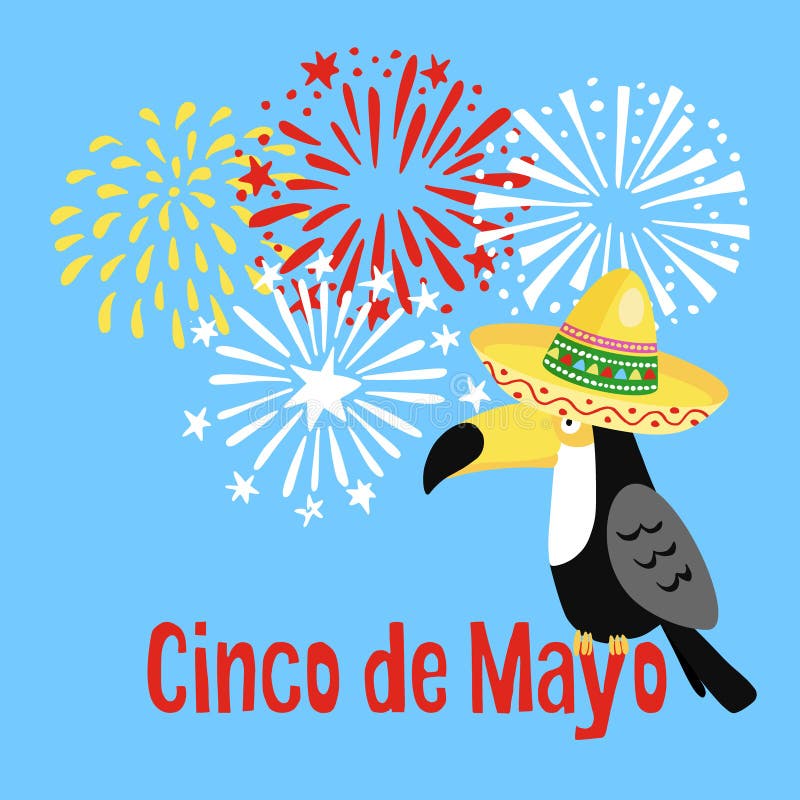 Kort för mexikanCinco de Mayo hälsning, partiinbjudan Tukanfågel med sombrerohatten och hand drog fyrverkerier vektor vektor illustrationer Kort för mexikanCinco de Mayo hälsning, partiinbjudan Tukanfågel med sombrerohatten och hand drog fyrverkerier vektor vektor illustrationer