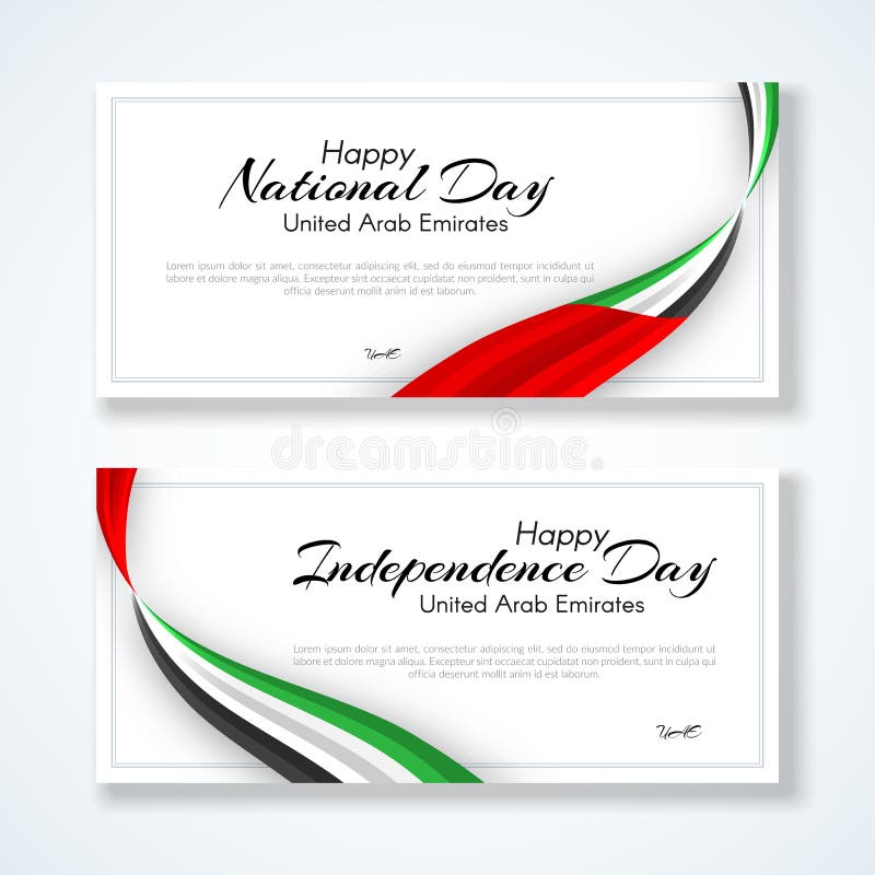 Kort med krabba bandfärger av nationsflaggan av Förenade Arabemiraten UAE med texten av den lyckliga nationella dagen vektor illustrationer Kort med krabba bandfärger av nationsflaggan av Förenade Arabemiraten UAE med texten av den lyckliga nationella dagen vektor illustrationer
