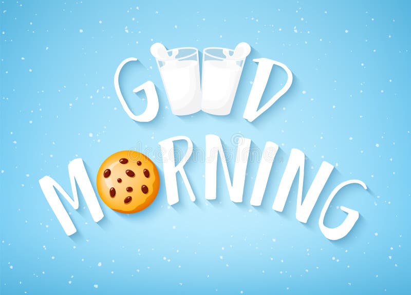 Kortet för den bra morgonen med text, kakan och två exponeringsglas av mjölkar på blå bakgrund vektor stock illustrationer Kortet för den bra morgonen med text, kakan och två exponeringsglas av mjölkar på blå bakgrund vektor stock illustrationer