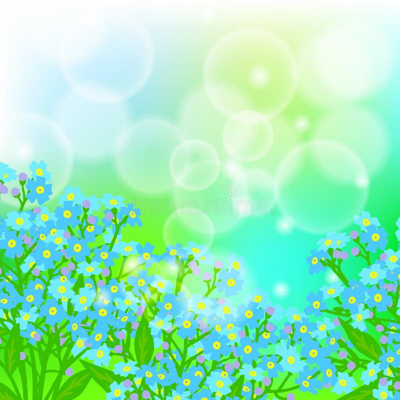 Kortet med glömmer mig inte blommor på solljus stock illustrationer Kortet med glömmer mig inte blommor på solljus stock illustrationer