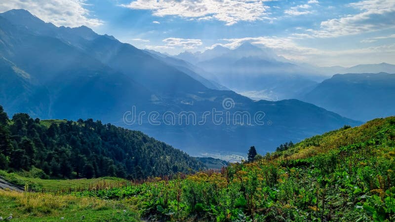 Koruldi Lake Trek - Amazing morning view on the village of Mestia in the Caucasus Mountain Range, Country of Georgia.