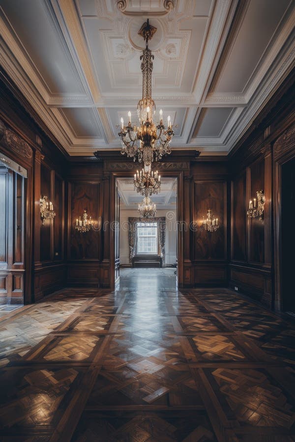 A long hallway in a house with hardwood floors, a chandelier hanging from the ceiling, and doors lined with wood stain AI generated. A long hallway in a house with hardwood floors, a chandelier hanging from the ceiling, and doors lined with wood stain AI generated