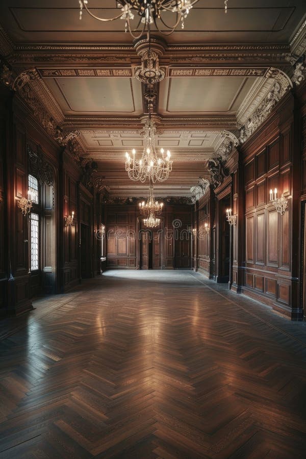 A long hallway in a house with hardwood floors, a chandelier hanging from the ceiling, and doors lined with wood stain AI generated. A long hallway in a house with hardwood floors, a chandelier hanging from the ceiling, and doors lined with wood stain AI generated