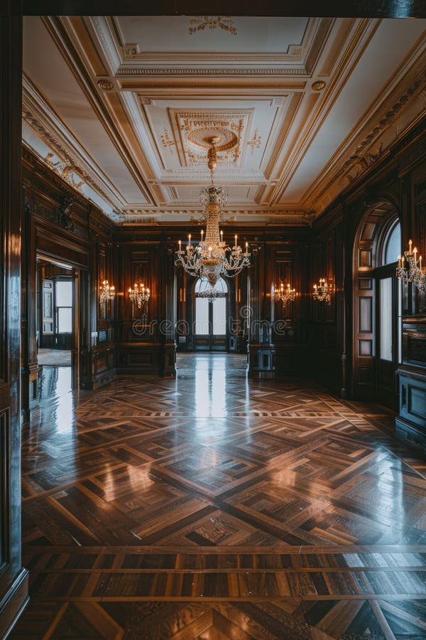 A long hallway in a house with hardwood floors, a chandelier hanging from the ceiling, and doors lined with wood stain AI generated. A long hallway in a house with hardwood floors, a chandelier hanging from the ceiling, and doors lined with wood stain AI generated