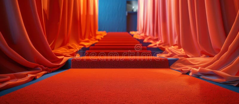 A hallway with a long, red carpet made of sofa pillowcase material and orange curtains hanging on the sides. The hallway stretches into the distance with a simple, elegant design. AI generated. A hallway with a long, red carpet made of sofa pillowcase material and orange curtains hanging on the sides. The hallway stretches into the distance with a simple, elegant design. AI generated