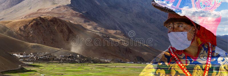 Panorama of the Korzok monastery and village with dancer monk a royalty free stock photos Panorama of the Korzok monastery and village with dancer monk a royalty free stock photos