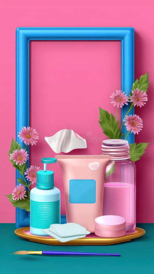 Kosmetikaarrangemang med blommor och blå ram, rosa bakgrund och turkosa bas royaltyfri bild