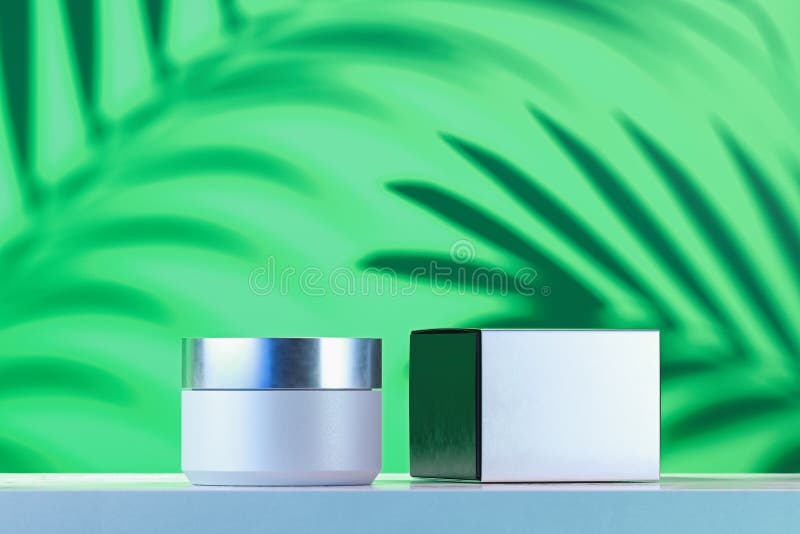 Kosmetische Fles voor room, gel, lotion roomkruik en witte lege kartondoos het 3d teruggeven stock illustratie Kosmetische Fles voor room, gel, lotion roomkruik en witte lege kartondoos het 3d teruggeven stock illustratie