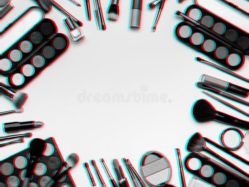 Set of professional cosmetics, makeup products and accessories for women`s beauty. Brushes, shadows, lipstick, powder, blush. . Black and white photo with 3D glitch effect. Set of professional cosmetics, makeup products and accessories for women`s beauty. Brushes, shadows, lipstick, powder, blush. . Black and white photo with 3D glitch effect