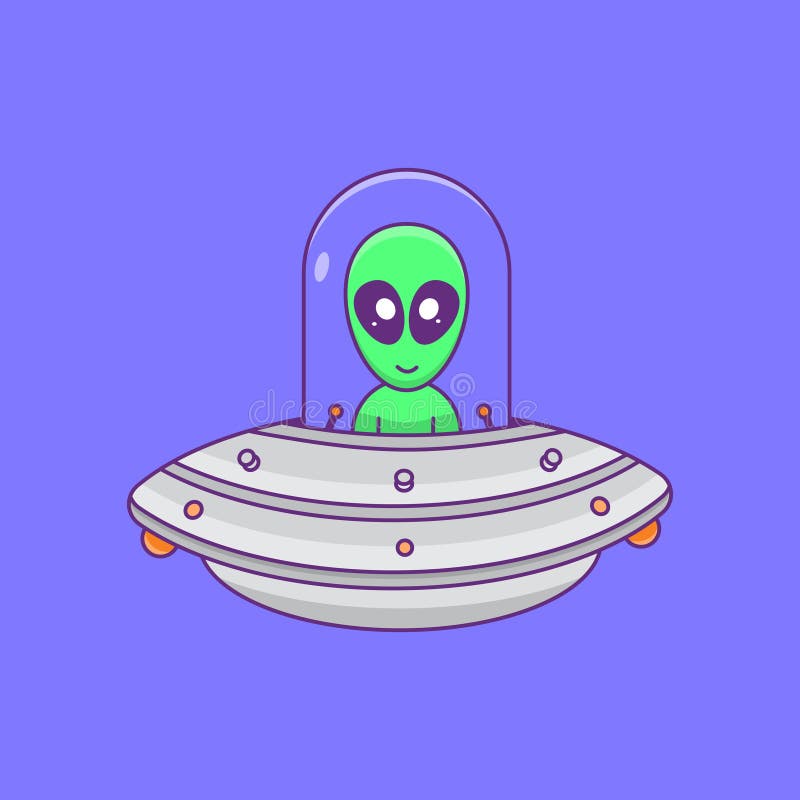 Kosmici latający z ufo słodkim kosmitą latający z kreskówką statku kosmicznego płaski projekt rysunek technologia zabawy royalty ilustracja