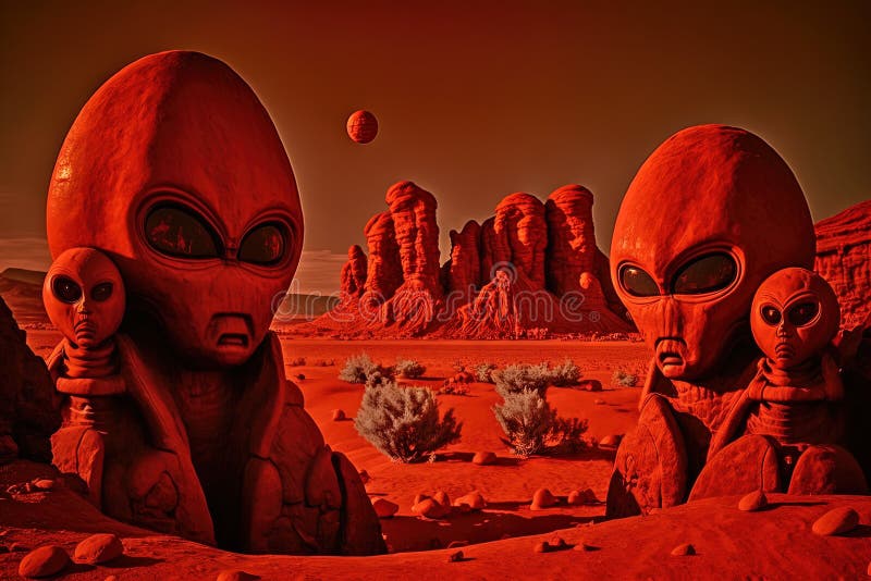 Kosmici na czerwonej obcej planecie mars ilustracja generatywna ai. Obcy na czerwonej obcej planecie mors, ilustracja genetyczna ai