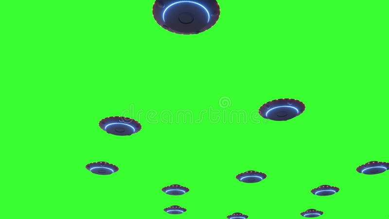 Kosmiczne statki ufo pływające w formacyjnej inwazji wojskowej. zielony ekran