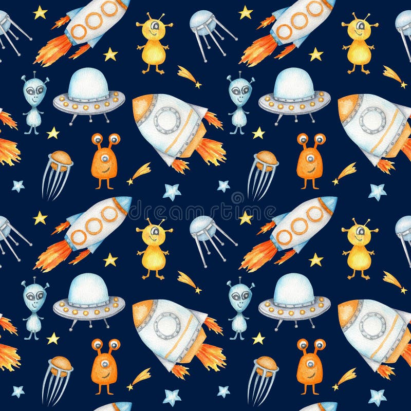 Kosmiczny bezszwowy wzór z astronautem kosmicznym rakiem kosmicznym latającym saucer ufo statek kosmiczny kosmiczny niezidentyfiko obraz royalty free