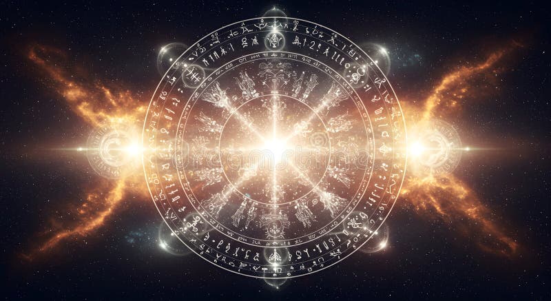 Kosmisches Zodiakrad : Celestial Enigma in einer Sternenexpansion. Ein faszinierendes kosmisches zodiakisches Rad, das Licht vor einem sternenförmigen Hintergrund strahlt. Antike Symbole und Konstellationen schaffen eine mystische und spirituelle Atmosphäre