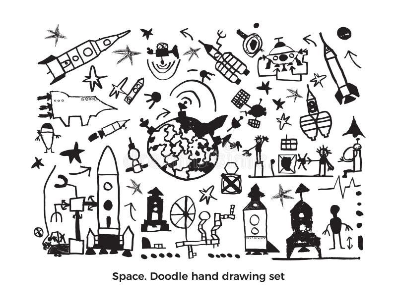 Kosmisk uppsättning för vektor Gulligt behandla som ett barn skissar stock illustrationer Kosmisk uppsättning för vektor Gulligt behandla som ett barn skissar stock illustrationer