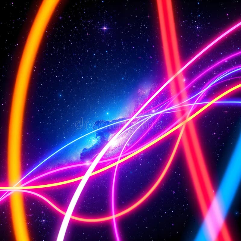Kosmiskt energiflöde : Neon-kablar sammanfogas med Starry Galaxy i UltraRealistic UHD 16K Double Exposure Art Art. stock illustrationer
