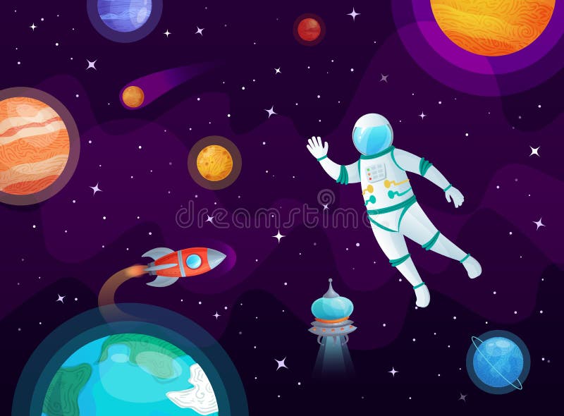 Kosmonaut im Raum Astronautenraumfahrzeugrakete im offenen Raum, in den Universumplaneten und im planetarischen Karikaturvektorhi