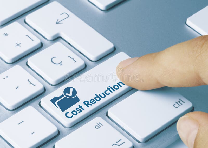 Cost Reduction  Written on Blue Key of Metallic Keyboard. Finger pressing key. Cost Reduction  Written on Blue Key of Metallic Keyboard. Finger pressing key