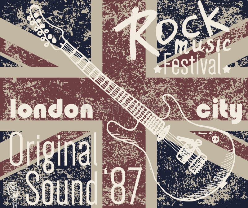 Koszulka druku projekt, typografii grafika, Londyn Rockowy festiwal wektorowa ilustracja z grunge flaga, i ręka rysująca kreślimy ilustracji Koszulka druku projekt, typografii grafika, Londyn Rockowy festiwal wektorowa ilustracja z grunge flaga, i ręka rysująca kreślimy ilustracji